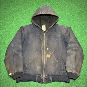 Vintage 90s Blue Carhartt Hooded Coat, Distressed Punk Grunge, One of a Kind (M)